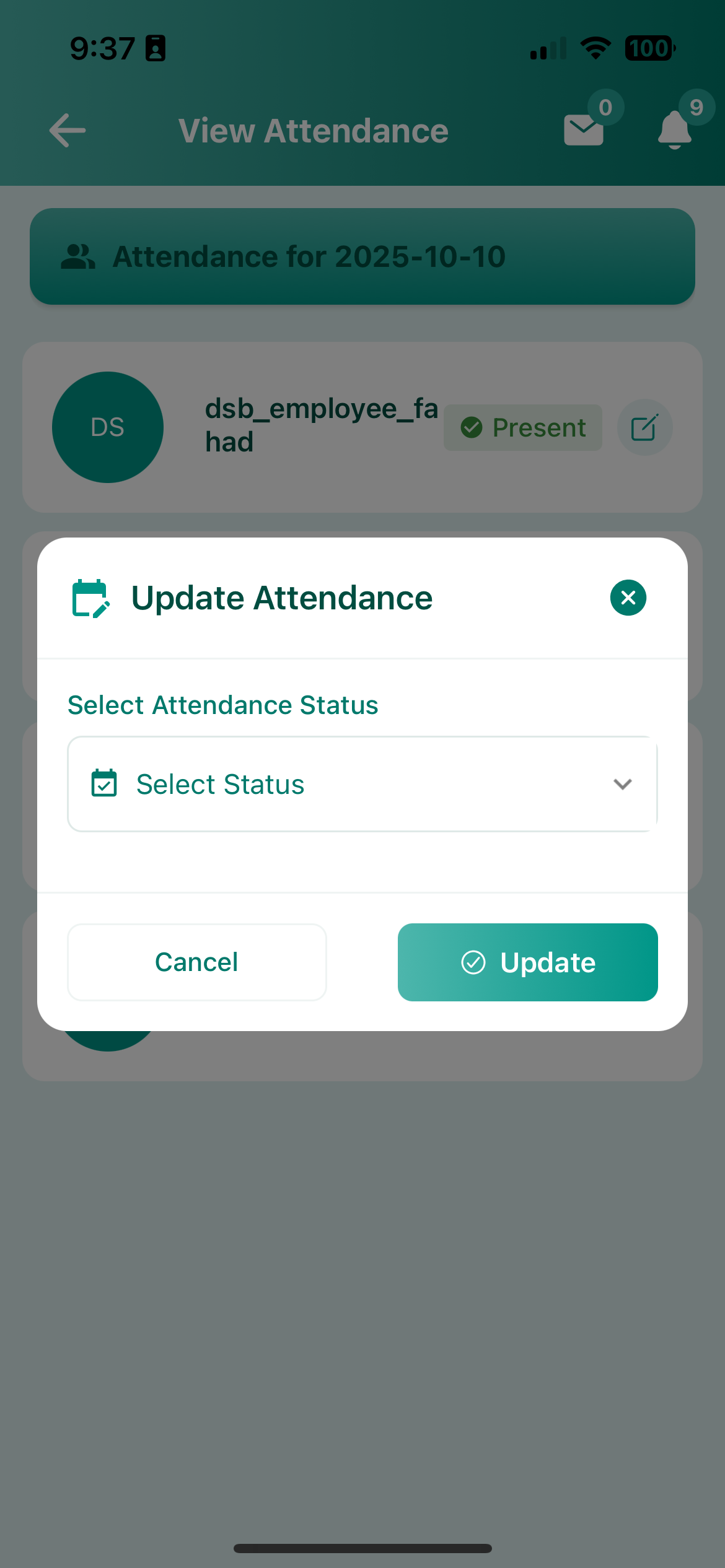 Teacher viewing student attendance records on the Schoolites app