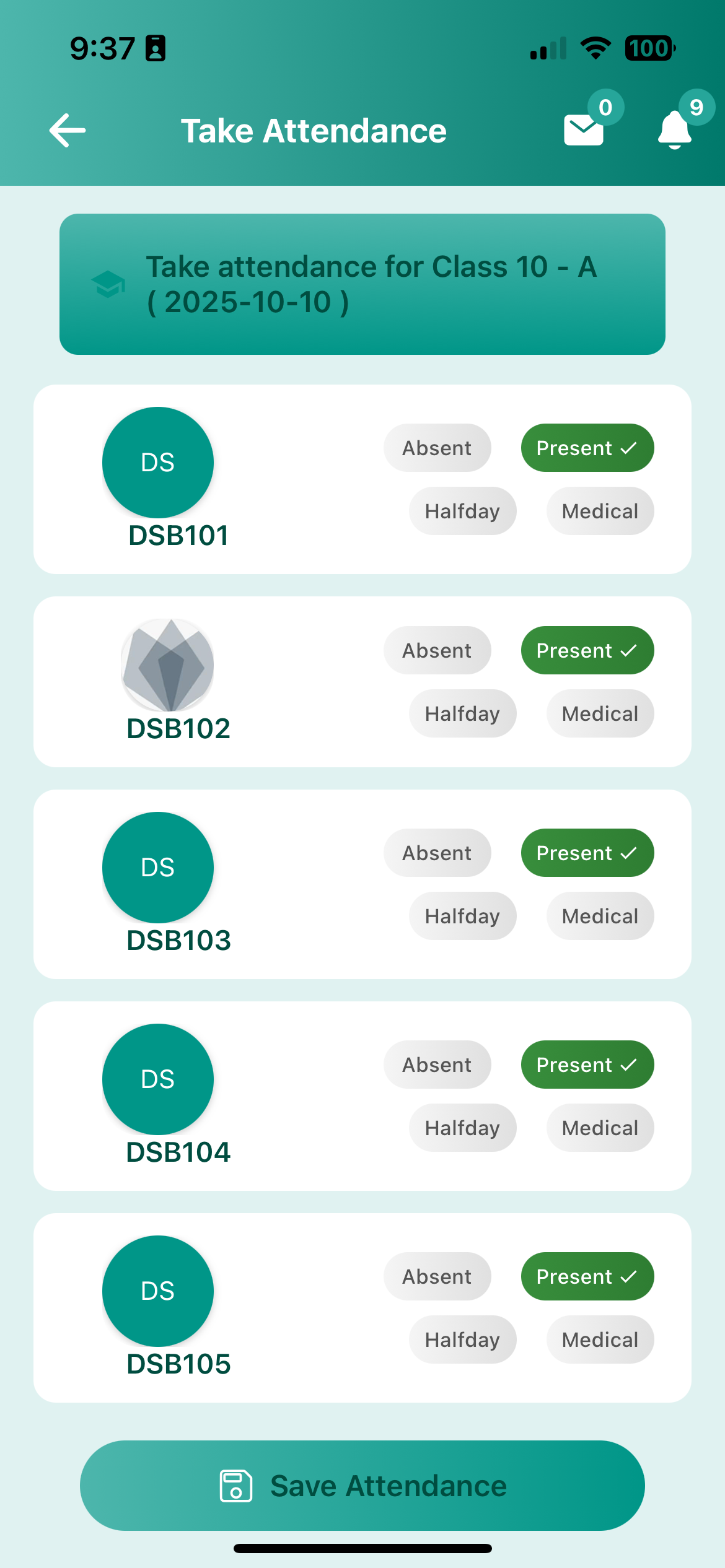 Teacher viewing student attendance records on the Schoolites app