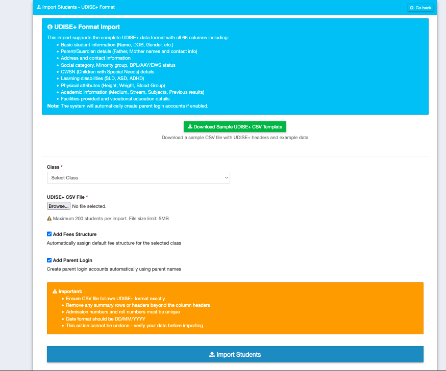 UDISE+ Data Entry Screen