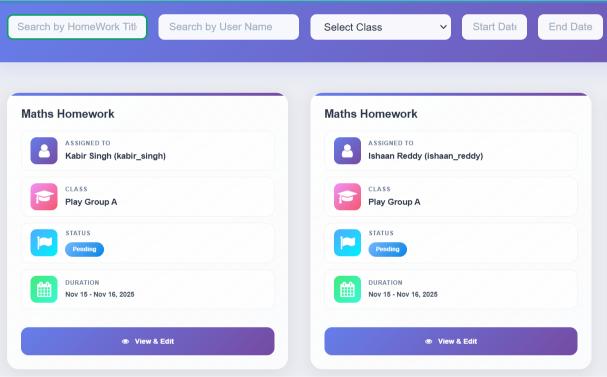 Teacher Web Dashboard - Homework Management