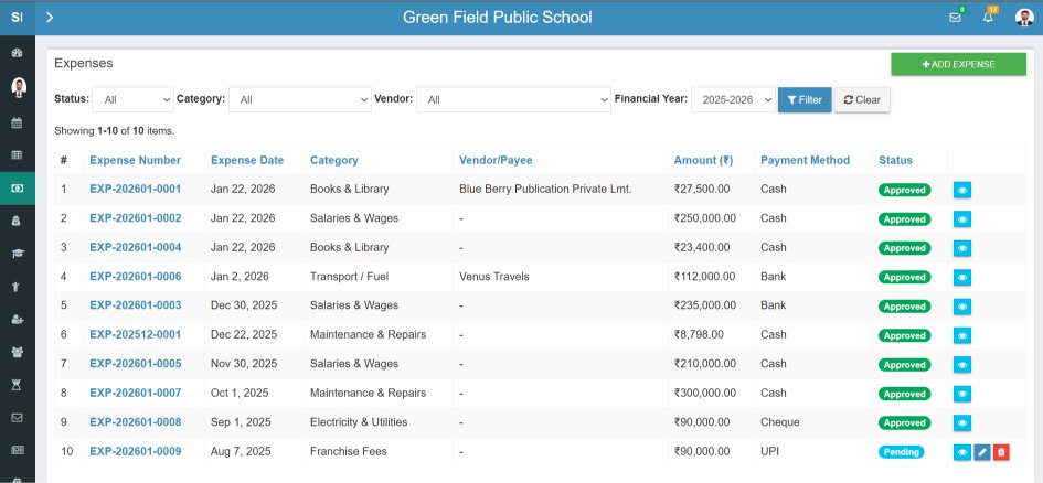 School Expense Entry Form - Add new expenses with category, vendor, amount and receipt attachment