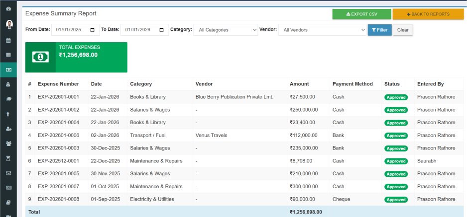 Expense List View - View all school expenses with filters by date, category and status